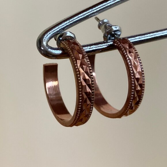 Copper Textured Stud Earrings Open Hoop Small 3/4" - Picture 2 of 7